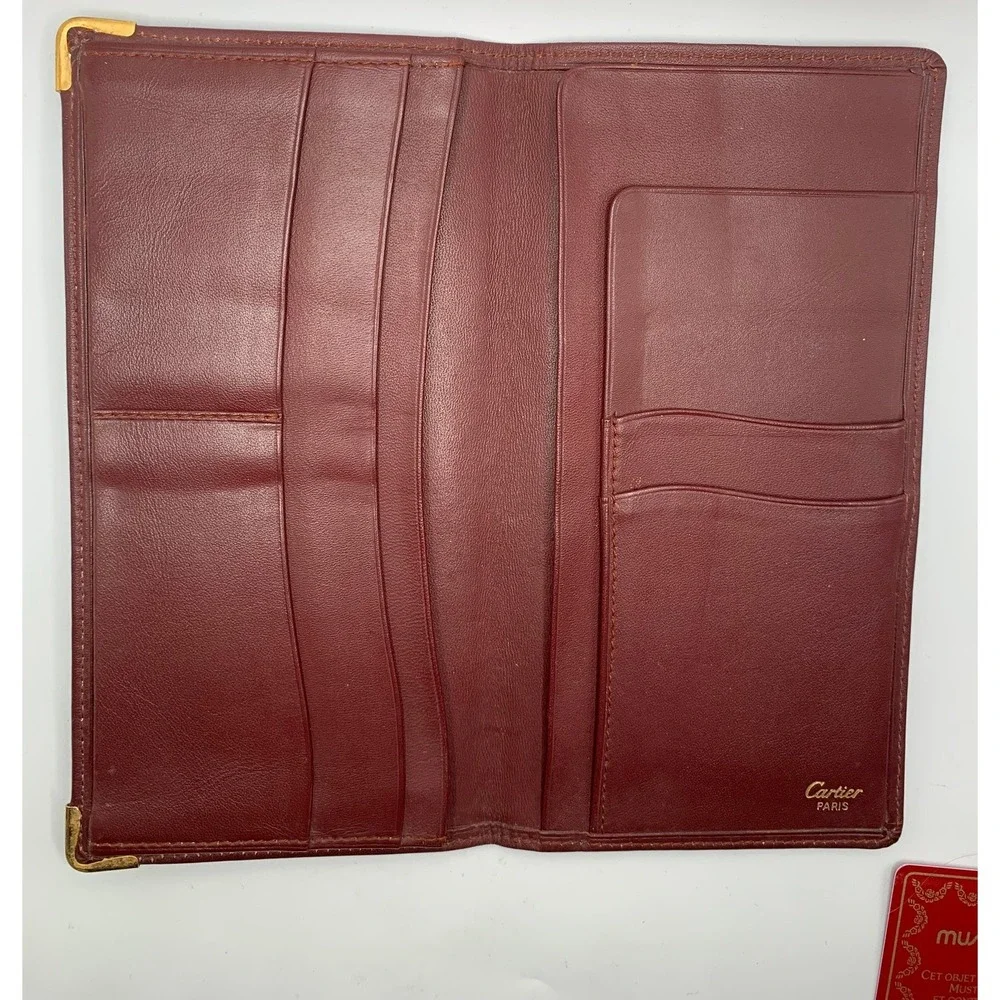 Cartier Must de Cartier Burgundy Leather Long Bifold Wallet Gold Corners #674